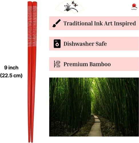 Vista 3 de JapanBargain Juego de 5 pares de palillos de bambú, diseño japonés de libélula, palitos de madera reutilizables, 9 pulgadas, aptos