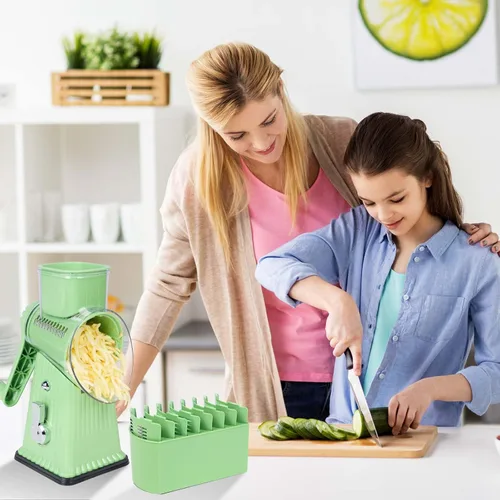 Vista 7 de Rallador rotativo de queso con 5 cuchillas, tubo grande para alimentos, empujador de alimentos de seguridad, base de succión fuerte, verde menta