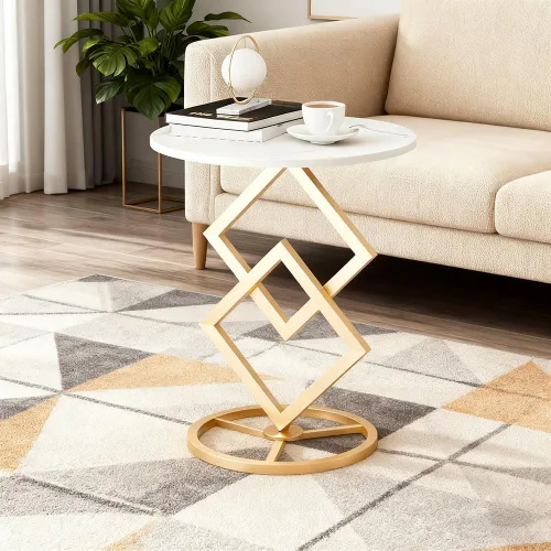 Vista 8 de Mesa auxiliar redonda bohemia para sala de estar, mesas auxiliares de escritorio de mármol natural con base floral de metal minimalista bohemio