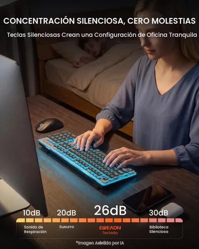 Vista 6 de SEUNKWANG EWEADN V3 Combo de Teclado y Mouse Inalámbrico con Retroiluminación Azul, Panel Metálico, Teclado y Mouse de Computadora Recargable