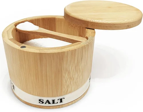Vista 7 de ThougrLyh Bodega de sal, recipiente de sal de madera de acacia con tapa y cuchara, etiqueta de caja de sal grabada desmontable y cierre magnético