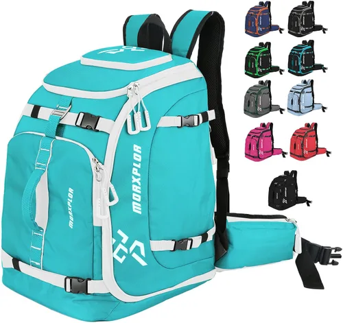 Vista 14 de MORXPLOR Bolsa para botas de esquí – 65L acolchada, mochila de viaje de esquí impermeable para equipo y accesorios Negro