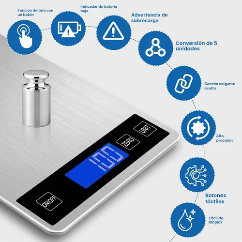 Vista 4 de Báscula de alimentos, báscula digital de cocina de 22 libras con precisión de 1 g/0.1 oz, 5 unidades (g/kg/lb:g/ml/fl.oz), LCD retroiluminado, panel