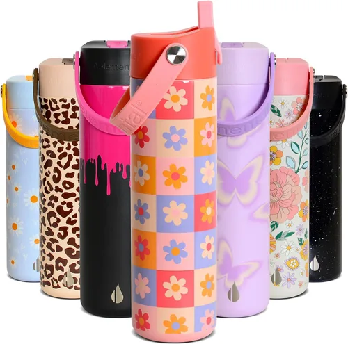 Vista 9 de Elemental Botella de agua aislada de 24 onzas con popote, botellas de agua con núcleo de acero inoxidable 100% a prueba de fugas para viajes, Beige