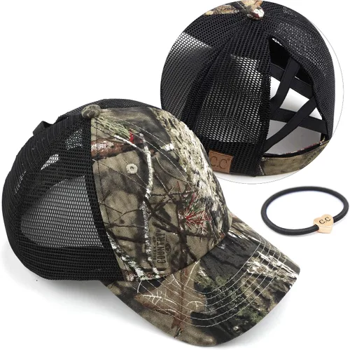 Vista 80 de C.C Gorra de béisbol de malla con diseño de estrella brillante, gorra de camionero ajustable para moño o cola de caballo Una banda elástica-negro