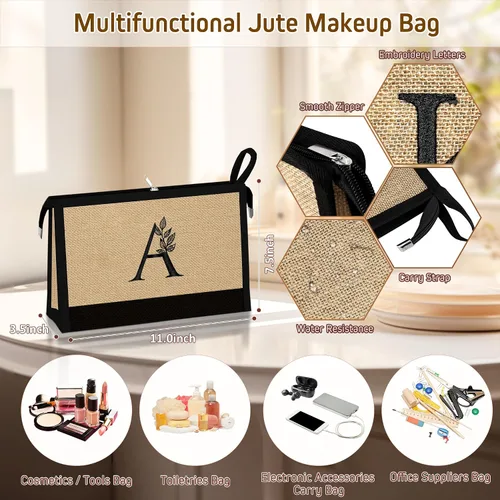 Vista 5 de AUNOOL Initial Tote Bag and Makeup Bag Canvas Beach Bag Personalized Birthday Gifts Bridesmaid Gifts