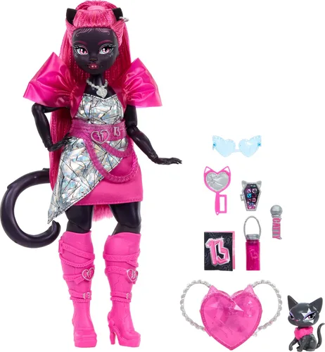 Vista 5 de Muñeca Monster High Catty Noir con gato mascota Amulette y accesorios como mochila, libro de música, micrófono y más