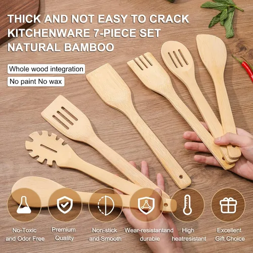 Vista 5 de [7 piezas] Las cucharas de madera para cocinar son para toda la cocina. Hechas de madera de bambú, espátula de madera y cuchara de madera de 11.8