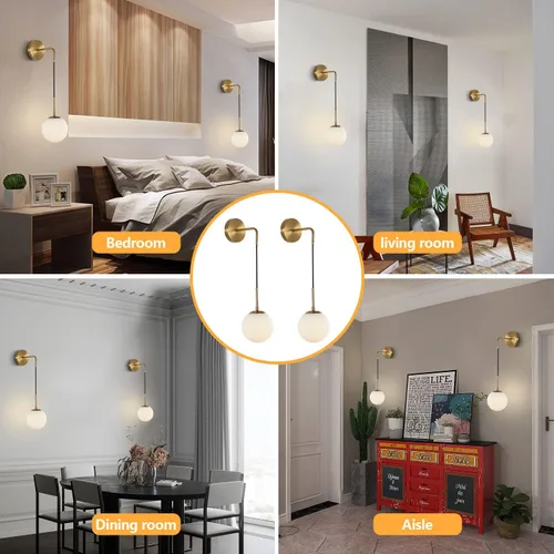 Vista 4 de KCO Lighting Juego de dos apliques de pared de vidrio blanco esmerilado con globo esférico dorado de latón, luz de pared con cable ajustable