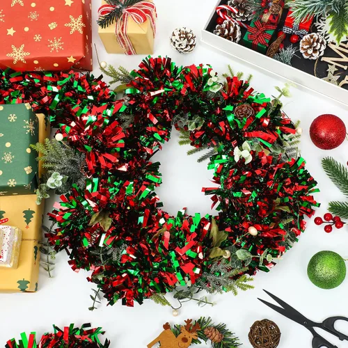 Vista 3 de Guirnalda de Oropel de Navidad de 50 Pies Roja y Verde Metálica Trenzada Decoración Guirnalda Brillante Ornamento Colgante para Árbol de Navidad