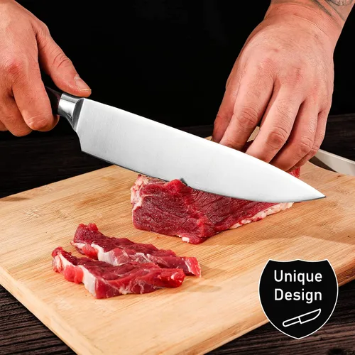 Vista 7 de Cuchillo de chef profesional de 8 pulgadas, cuchillo de cocina de acero de alto carbono, ultra afilado, con mango de madera sólida, caja de regalo