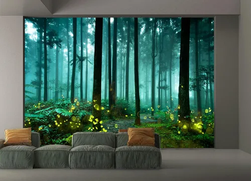 Vista 7 de YQWDMX - Papel tapiz de bosque verde soleado, mural de naturaleza para dormitorio (no es de despegar y pegar)
