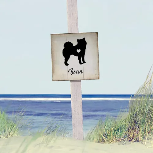 Vista 4 de Placa de madera con nombre personalizado de perro Spitz japonés, silueta de corazón, placa de madera para perros que viven aquí casa de campo, arte