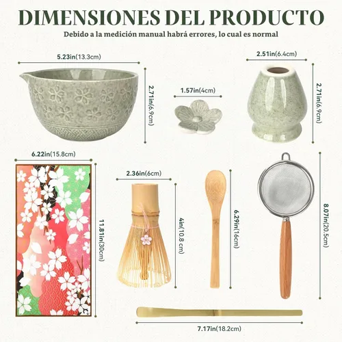 Vista 2 de Juego de batidor de matcha, utensilios de ceremonia de té japonés (8 piezas) con cuenco de matcha con boquilla (19 onzas), batidor de bambú, Verde