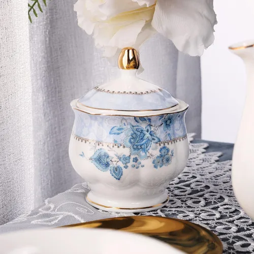 Vista 8 de fanquare Juego de té de porcelana con flores azules, juego de taza de té y platillo para 6, juego de té de boda con jarra de crema, juego de café