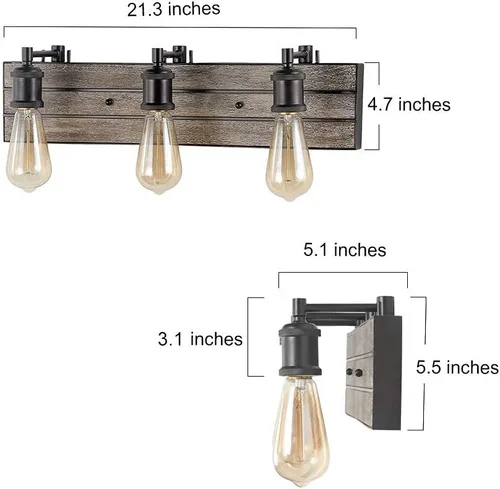 Vista 6 de LOG BARN Luces de tocador, accesorios de baño en madera rústica y acabado de metal aceitado, apliques de pared de granja con enchufes ajustables