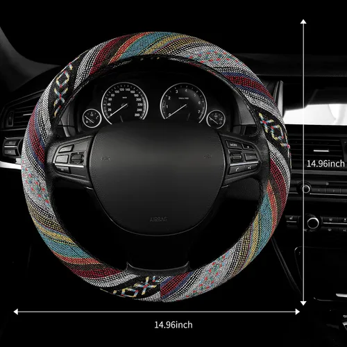 Vista 7 de GXT Manta Baja de 15 pulgadas para volante de automóvil, ajuste universal para la mayoría de los automóviles, estilo étnico, tela de lino gruesa