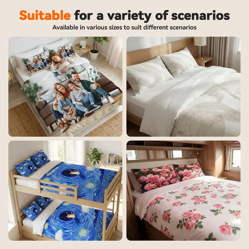 Vista 5 de Juego de ropa de cama personalizada con imagen, texto, logotipo, 1 funda de edredón y 2 fundas de almohada, diferentes tamaños personalizables