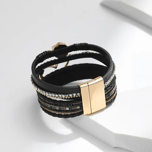 Vista 6 de Fesciory Pulsera de leopardo para mujer, pulsera de cuero bohemio multicapa con perlas de cristal