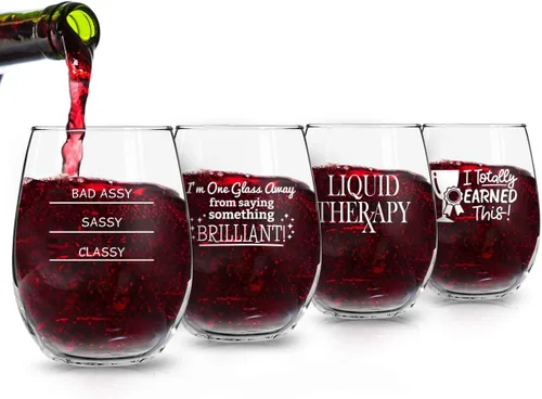 Vista 3 de Juego de 4 copas de vino divertidas sin tallo (15 onzas) - Divertido regalo de copas de vino para mujeres, fiestas, eventos, diversión de anfitrión
