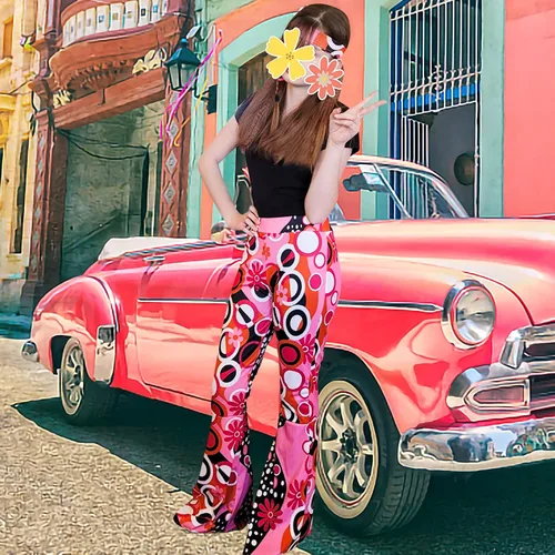 Vista 5 de ATAMET Accesorios de disfraces de mujer de los años 60 y 70, pantalones hippie, pantalones bohemios, acampanados, pantalones retro para fiestas