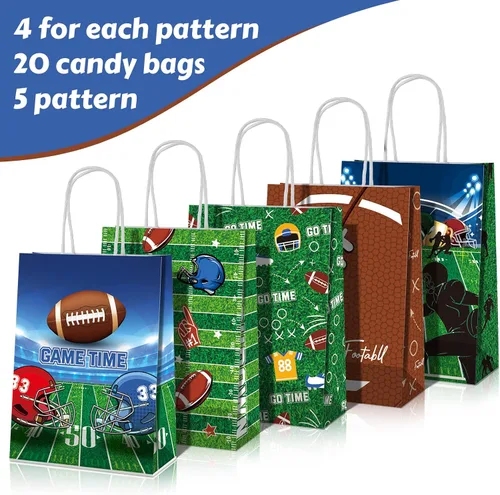 Vista 3 de Zonon 20 bolsas de regalo de fiesta de fútbol, bolsas de regalo de papel con patrón de fútbol, golosinas con asas, para equipos deportivos de rugby