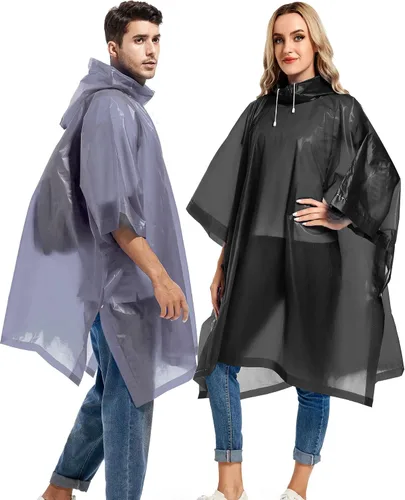 Vista 71 de Paquete de 2 ponchos de lluvia para adultos, reutilizables, impermeables, de supervivencia, emergencia, resistente, con capucha con cordón