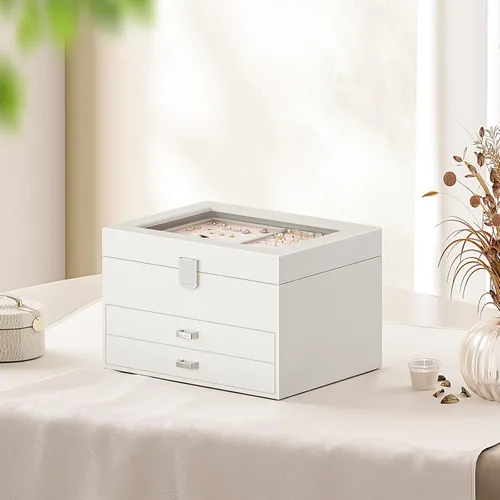 Vista 3 de HOOBRO Joyero para mujer organizador de joyas grande de 4 niveles organizador de joyas de viaje con tapa de cristal amplio espacio de almacenamiento