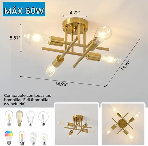 Vista 2 de EGM Lámpara de techo semiempotrada con 4 luces doradas Sputnik, 1 paquete Oro (1 paquete)