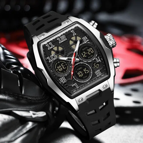Vista 5 de FANMIS Reloj para hombre de moda hueco único rectángulo reloj de pulsera impermeable deportivo digital analógico doble pantalla cronómetro punk