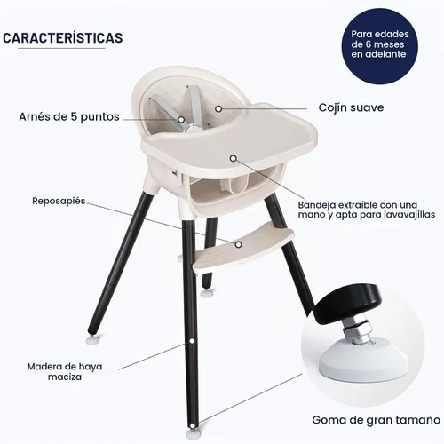 Vista 3 de Fodoss Sillas Altas de Madera Convertibles para Bebés y Niños Pequeños, Silla de Bebé Fácil de Limpiar para Comer, Trona Infantil 3 en 1 con Beige