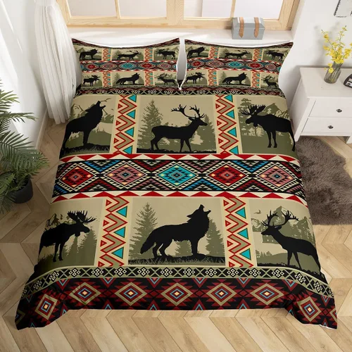 Vista 17 de Erosebridal Juego de funda de edredón estilo bohemio occidental tamaño individual, diseño de vaca atrapasueños del suroeste, juego de ropa de cama
