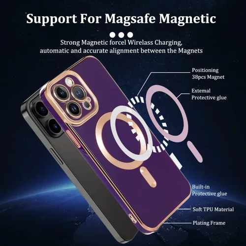 Vista 2 de Funda para iPhone 13 Pro Max, compatible con MagSafe, protector de cámara, borde dorado, TPU suave, a prueba de golpes (6.7 pulgadas, negro)