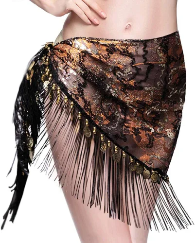 Vista 3 de Royal SMEELA - Bufanda de danza del vientre con monedas doradas, disfraz de danza del vientre para mujer, triángulo tribal, borla de cadera, bufandas