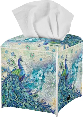 Vista 15 de Caja de pañuelos cuadrada para caja de pañuelos faciales, organizador de servilletas de pavo real, dispensador para dormitorio, oficina, decoración