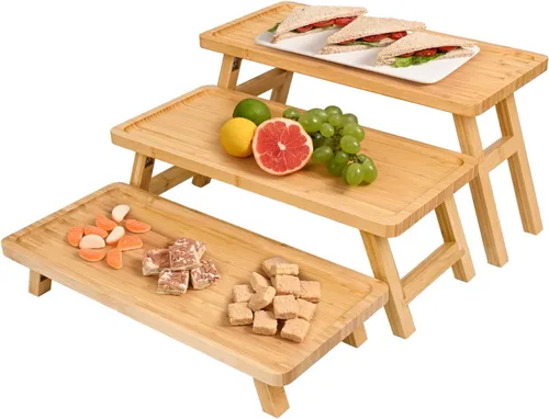 Vista 10 de GEHE Bandeja de servir de 3 niveles, bandeja escalonada de madera de acacia plegable, juego de exhibición de mesa de postre, decorada para tablas
