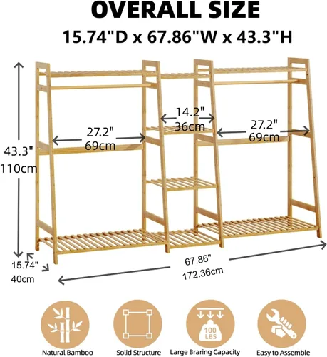 Vista 3 de BAMBOOHOMIE Perchero de ropa para niños con estantes, perchero de ropa de bambú para niños, niños y bebés, perchero de almacenamiento para vestirse