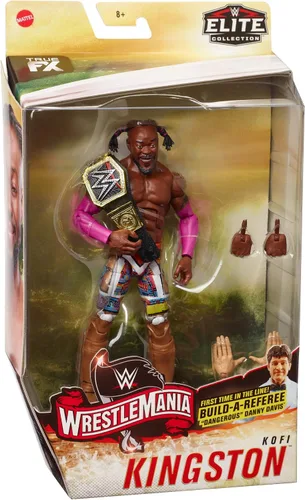 Vista 6 de WWE Kofi Kingston Elite Collection Wrestlemania 35 Figura de acción con articulación de lujo, detalles realistas, equipo de anillo auténtico, manos