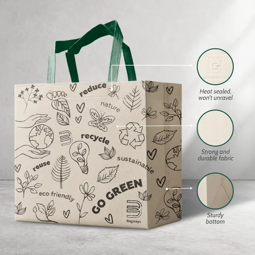 Vista 3 de Bagways Paquete de 30 bolsas de compras reutilizables con asas, duraderas, plegables, lavables, ecológicas, de 14x6.5x14 pulgadas, diseño beige/verde