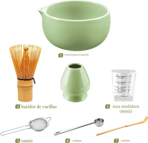 Vista 6 de YIBO Matcha Whisk Set, Matcha Kit Bamboo Whisk and Ceramic Bowl with Spout & Measuring Spoon & Cup, Japanese Ceremony Matcha Tea Making Tools Green