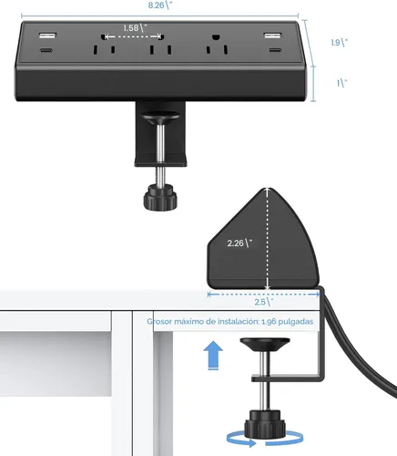 Vista 5 de Jgstkcity Regleta de alimentación con abrazadera de escritorio, estación de carga rápida total de 40 W, 2 puertos USB C PD de 20 W, protector