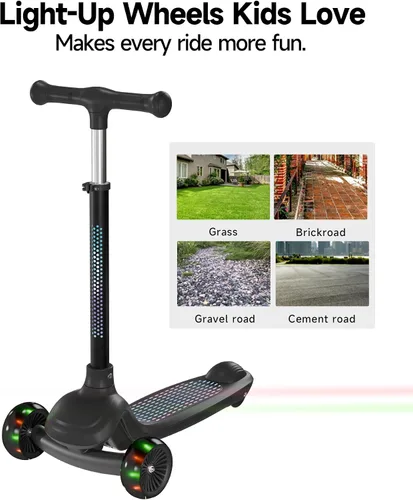 Vista 8 de 3 Wheel Kids Scooter with Light-Up Wheels, Ages 3-8 Negro