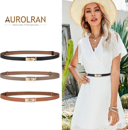 Vista 60 de Cinturón de cuero clásico con hebilla de metal para mujer con vestido de jeans
