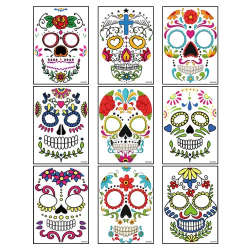 Vista 6 de Hying 9 tatuajes temporales del Día de los Muertos, tatuajes de esqueleto de Halloween, tatuajes faciales de calavera floral de azúcar, calcomanías