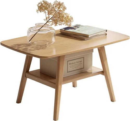 Vista 9 de Mesa de centro 100% de madera de roble maciza para sala de estar, mesa pequeña con almacenamiento en estantes, mesas de centro modernas de mediados