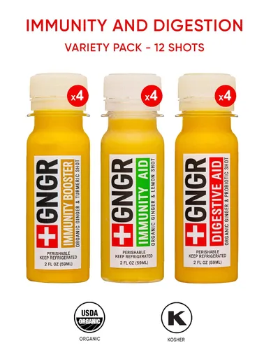 Vista 4 de +GNGR Paquete variado de 12 chupitos de jengibre orgánico. Prensado en frío, sin conservantes. Jugo de jengibre, raíz de cúrcuma, jugo de limón