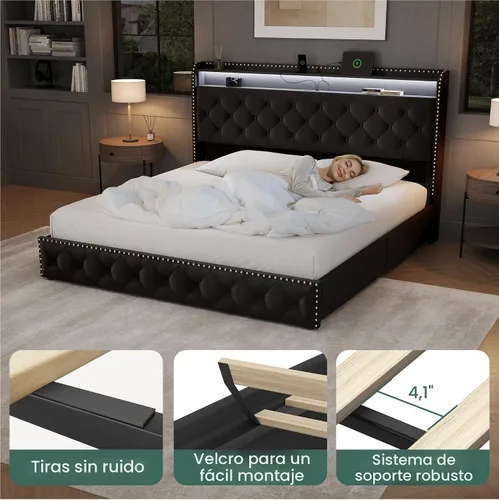 Vista 8 de LARMACE Base de cama tamaño King con 4 cajones de almacenamiento, base de cama tapizada de terciopelo, plataforma King con luces LED y estación