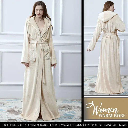 Vista 4 de Hellomamma Bata larga con capucha para mujer, lujosa franela de forro polar, bata de baño de longitud completa, pijama cálida de invierno, camisón