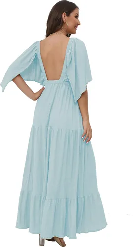 Vista 4 de SUNNOW Vestido largo de verano para mujer, talla grande, holgado, cuello en V, escalonado, manga con volantes, vestido de playa bohemio