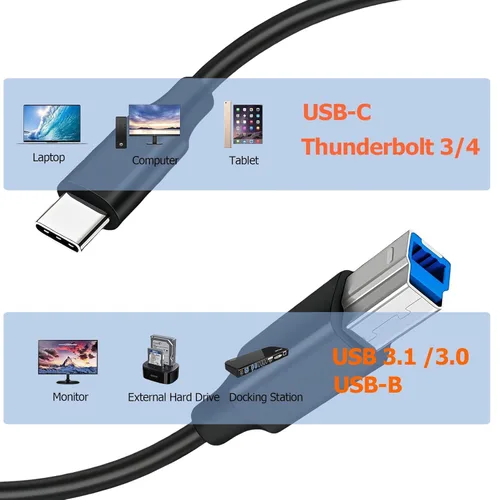 Vista 6 de Cable USB 3.0 B de 3.3 pies, cable USB C a USB-B 3.0, cable USBC a USB 3.1 tipo B, cable de impresora de alta velocidad de 5 Gbps para computadora